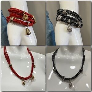 STORY BY KRANZ & ZEIGLER 5 Strand Necklace Bracelet 16 Charms Coral Black